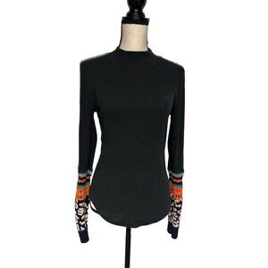 Free People Switch It Up Thermal Shirt Black Multicolor Cuffs Size L Fits Small